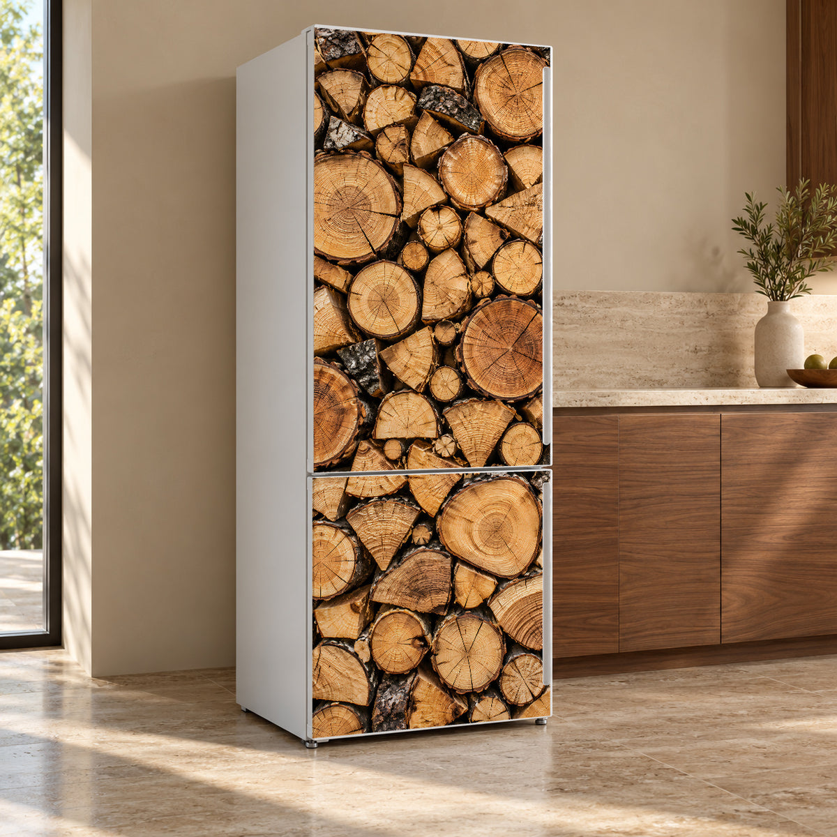 Stacked Firewood fridge wrap, refrigerator shown at an angle