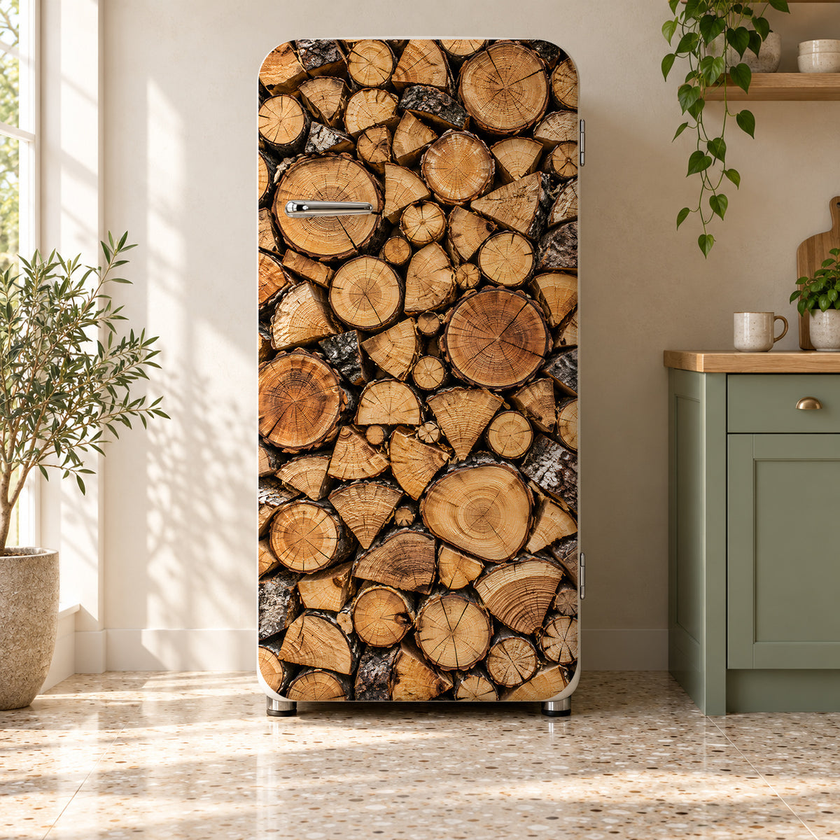 Stacked Firewood fridge wrap on a retro refrigerator