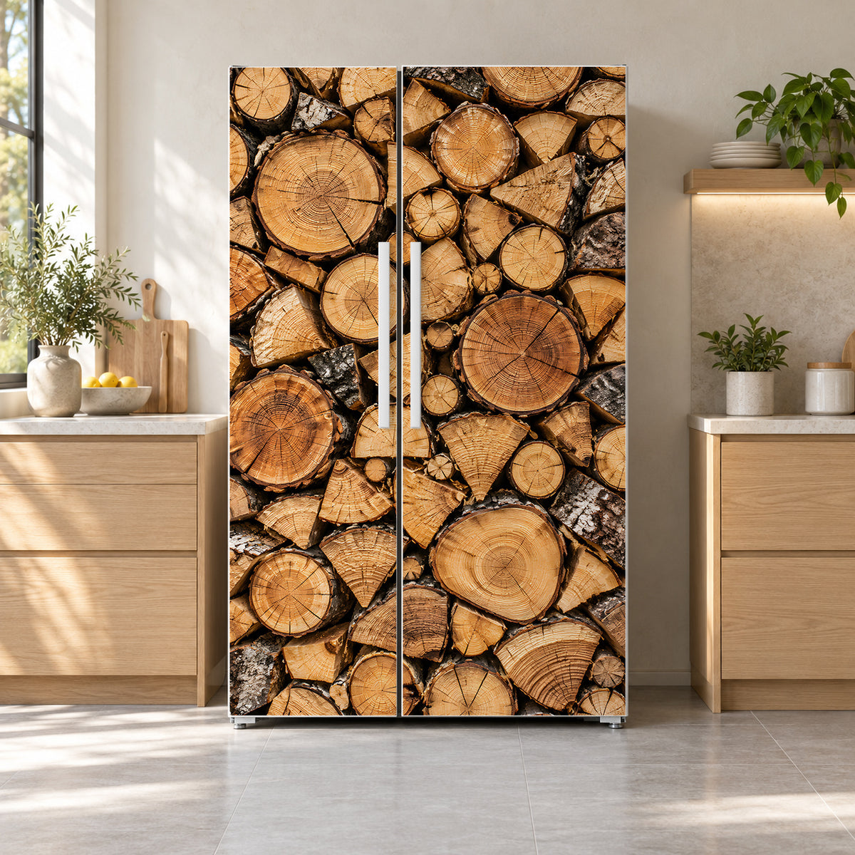 Stacked Firewood fridge wrap on a side-by-side refrigerator