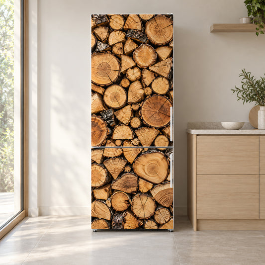Stacked Firewood fridge wrap on a white refrigerator in a bright kitchen