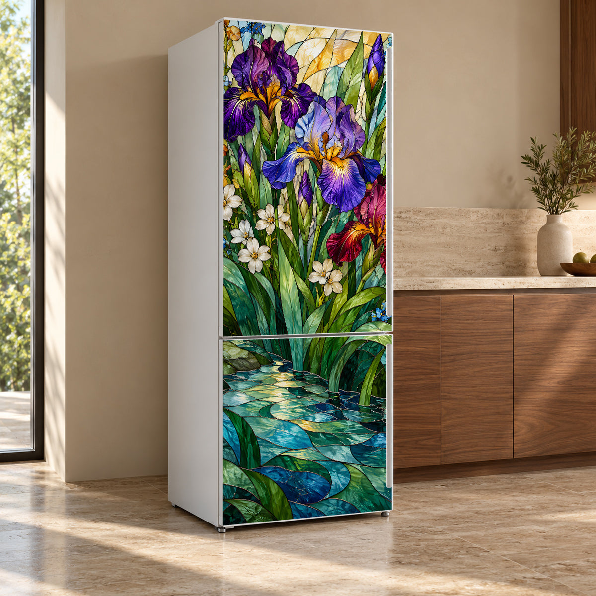 Stained Glass Flowers fridge wrap, refrigerator shown at an angle