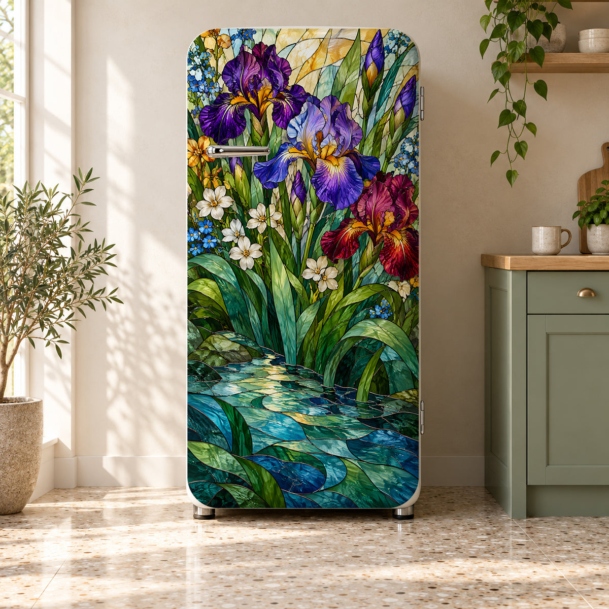 Stained Glass Flowers fridge wrap on a retro refrigerator