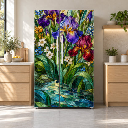 Stained Glass Flowers fridge wrap on a side-by-side refrigerator