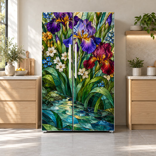 Stained Glass Flowers fridge wrap on a side-by-side refrigerator