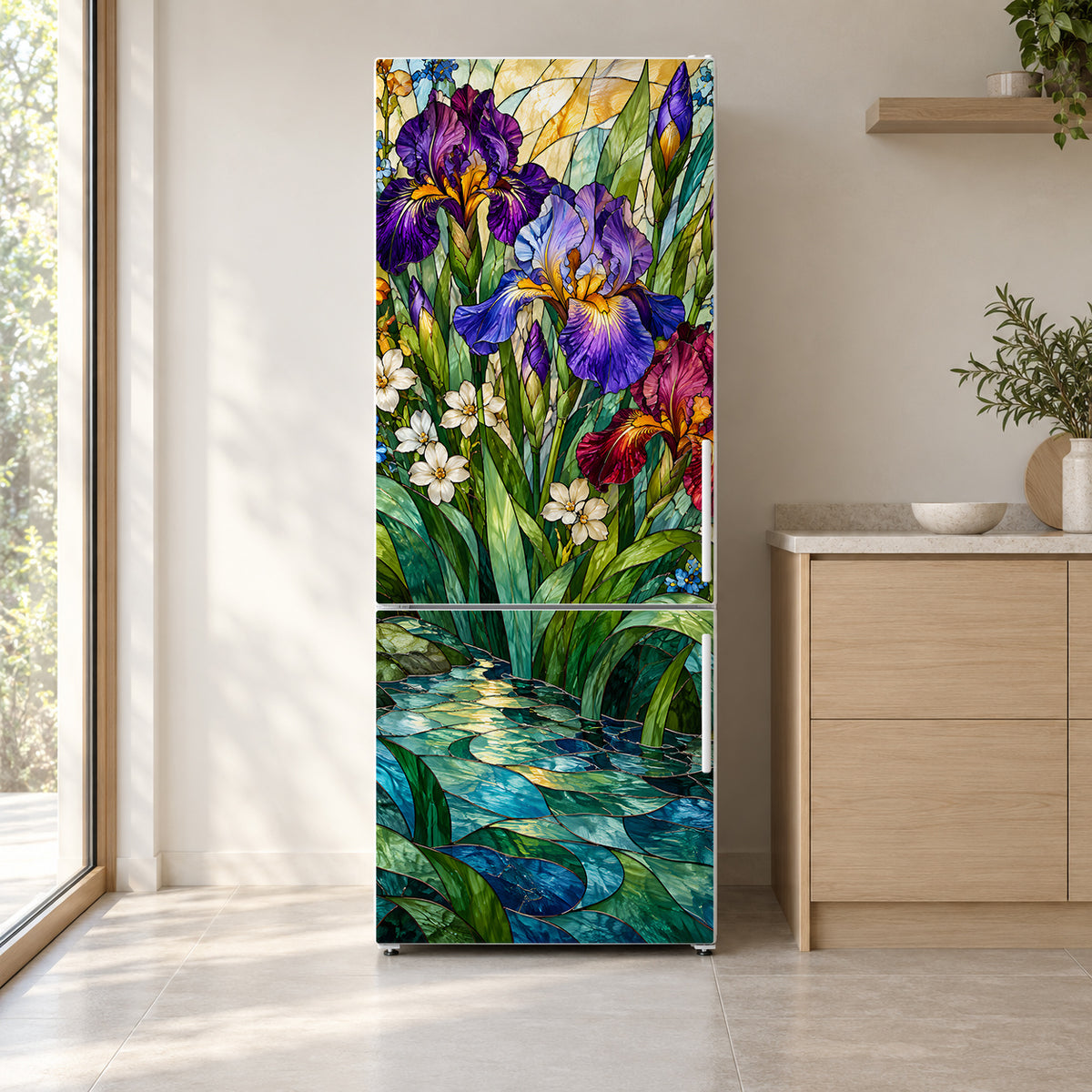 Stained Glass Flowers fridge wrap on a white refrigerator in a bright kitchen