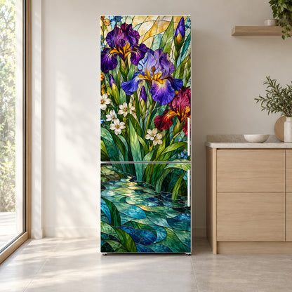 Stained Glass Flowers fridge wrap on a white refrigerator in a bright kitchen