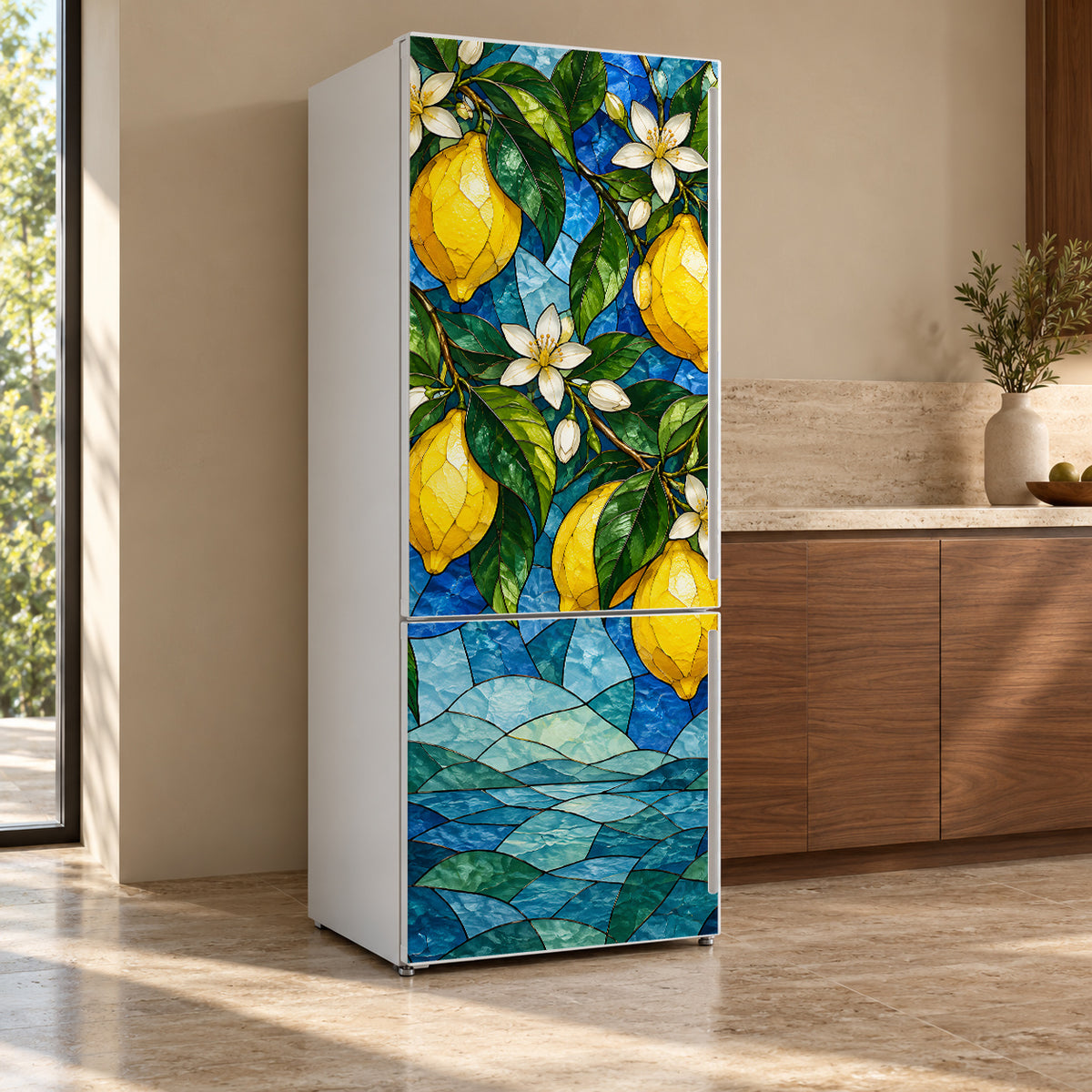Stained Glass Lemons fridge wrap, refrigerator shown at an angle