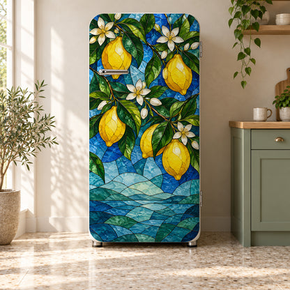 Stained Glass Lemons fridge wrap on a retro refrigerator