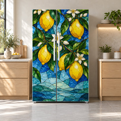 Stained Glass Lemons fridge wrap on a side-by-side refrigerator