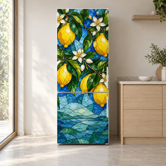 Stained Glass Lemons fridge wrap on a white refrigerator in a bright kitchen