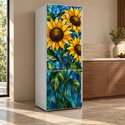 Stained Glass Sunflowers fridge wrap, refrigerator shown at an angle