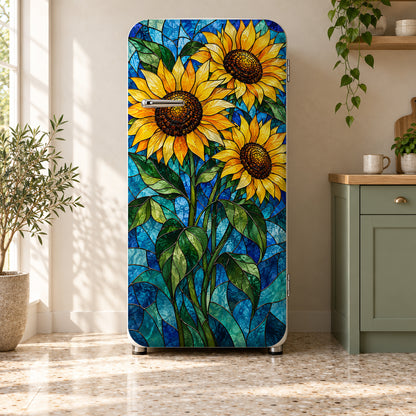 Stained Glass Sunflowers fridge wrap on a retro refrigerator