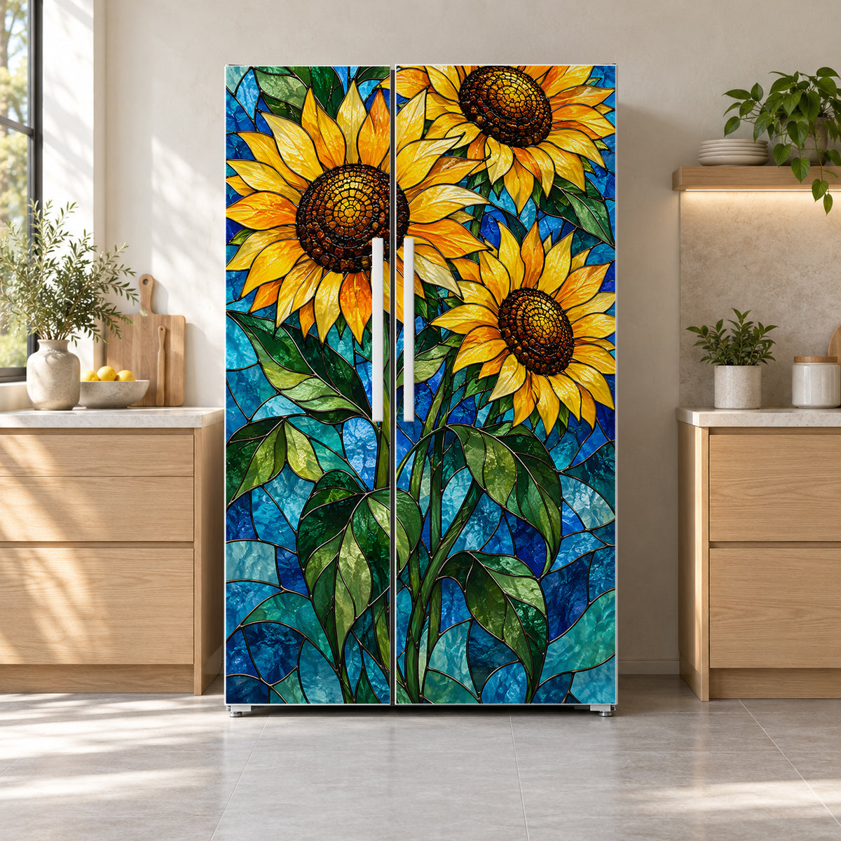 Stained Glass Sunflowers fridge wrap on a side-by-side refrigerator