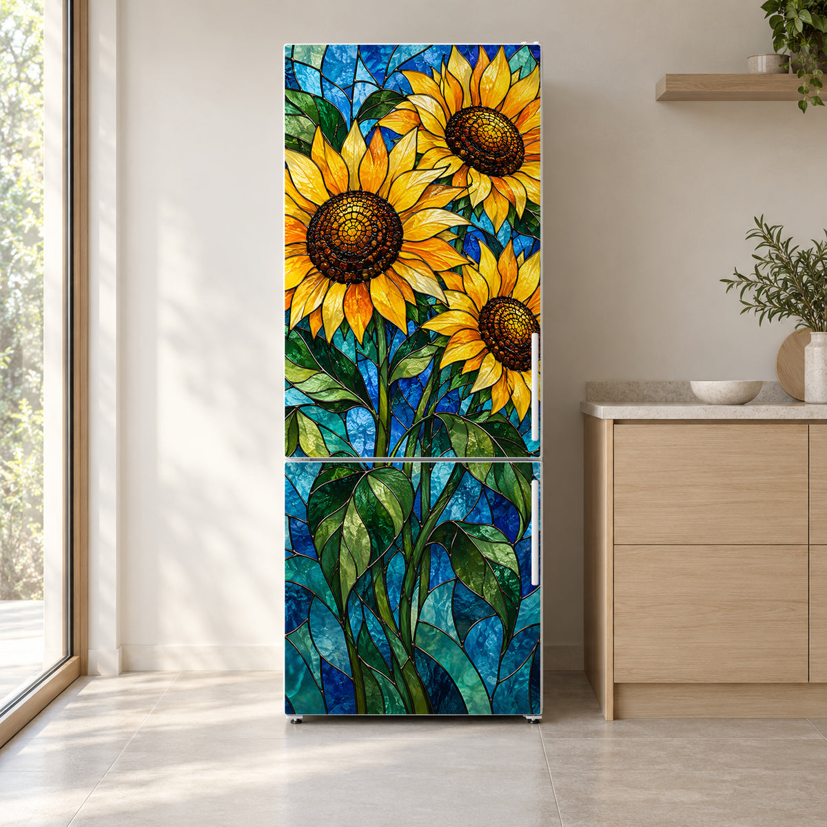 Stained Glass Sunflowers fridge wrap on a white refrigerator in a bright kitchen