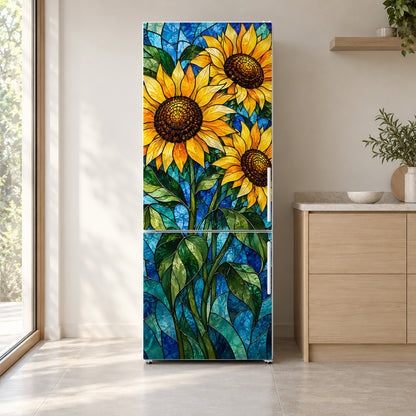 Stained Glass Sunflowers fridge wrap on a white refrigerator in a bright kitchen