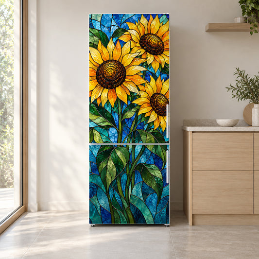 Stained Glass Sunflowers fridge wrap on a white refrigerator in a bright kitchen