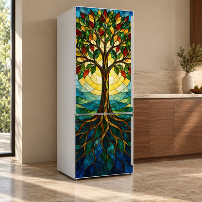 Stained Glass Tree of Life fridge wrap, refrigerator shown at an angle
