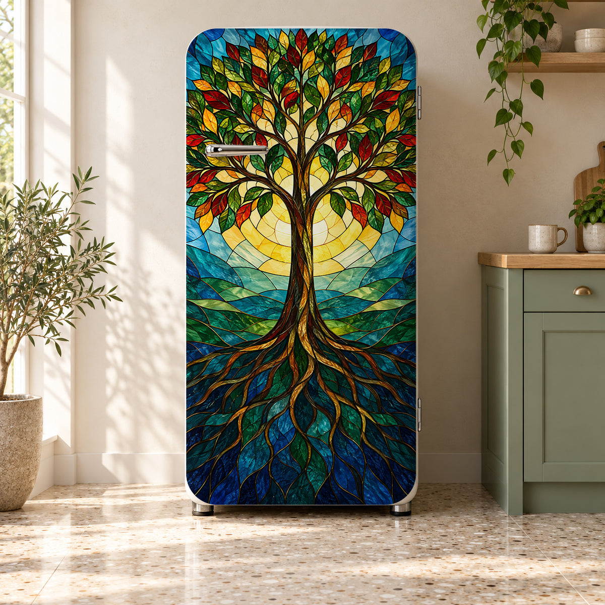Stained Glass Tree of Life fridge wrap on a retro refrigerator