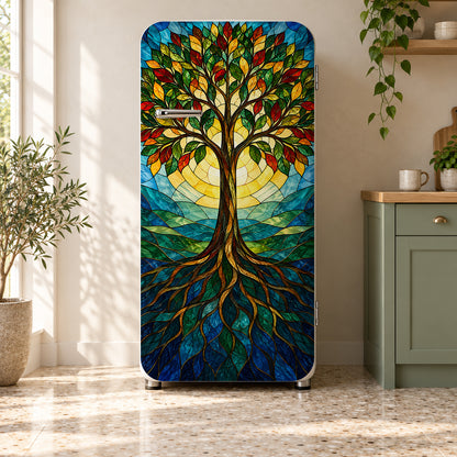 Stained Glass Tree of Life fridge wrap on a retro refrigerator