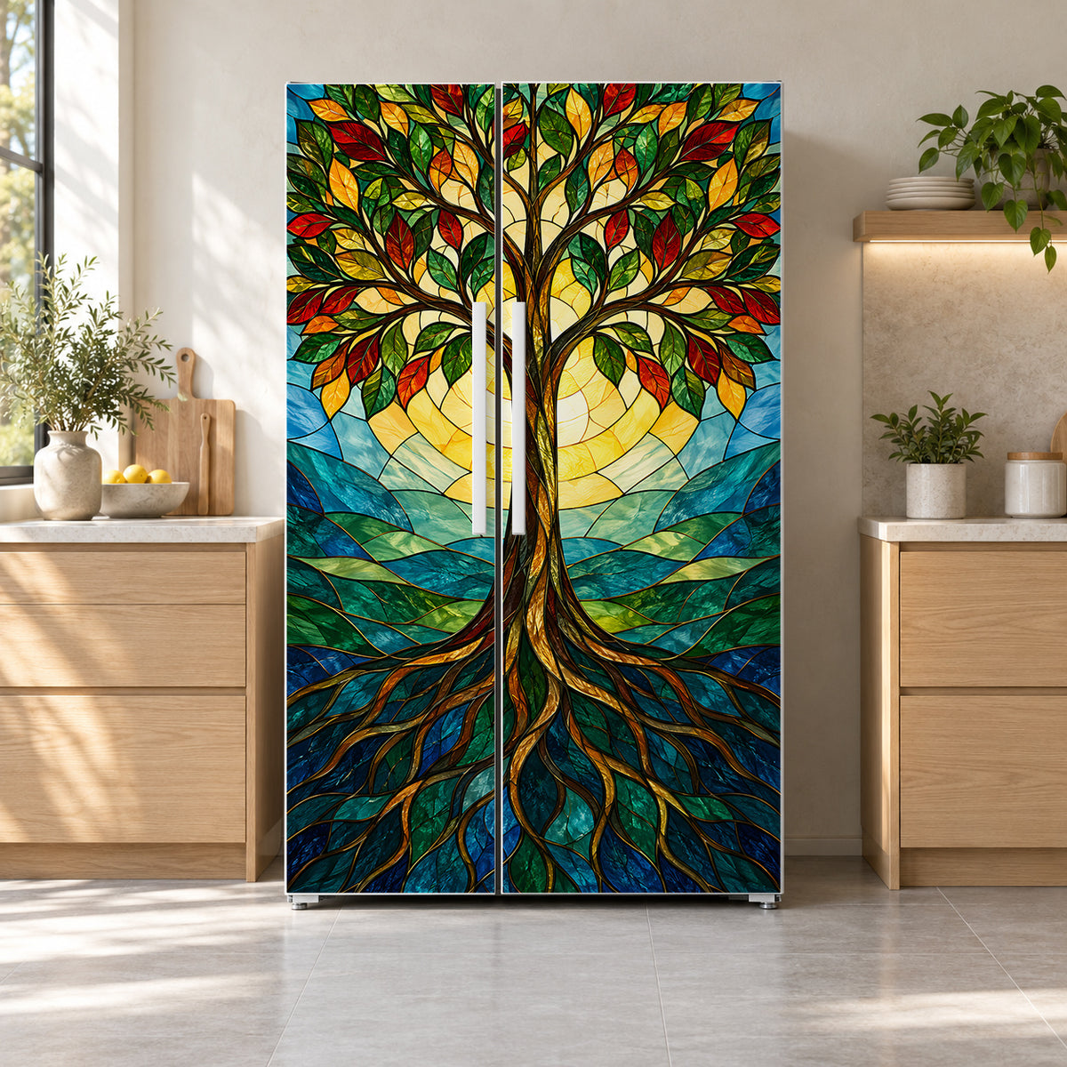 Stained Glass Tree of Life fridge wrap on a side-by-side refrigerator