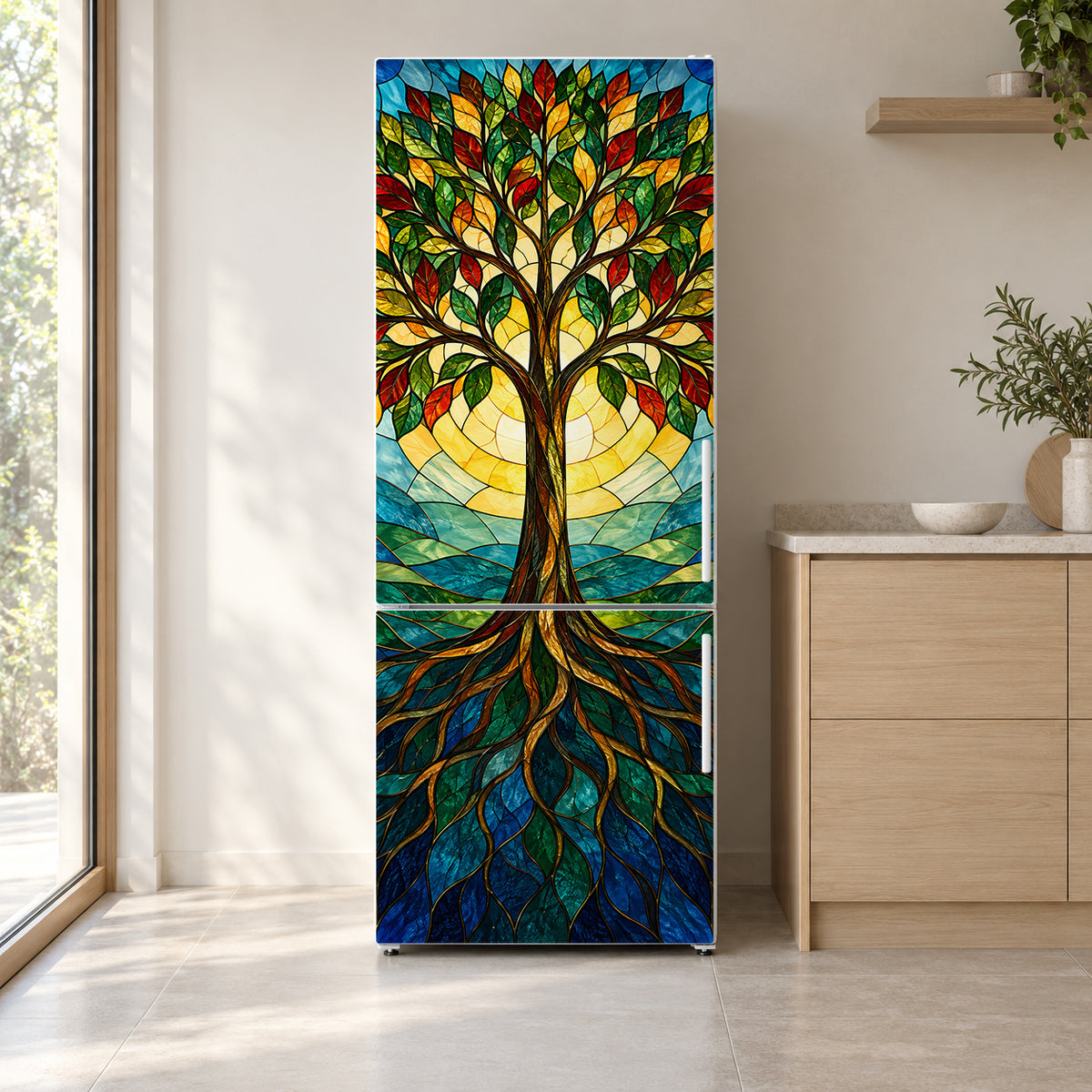 Stained Glass Tree of Life fridge wrap on a white refrigerator in a bright kitchen