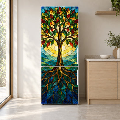 Stained Glass Tree of Life fridge wrap on a white refrigerator in a bright kitchen