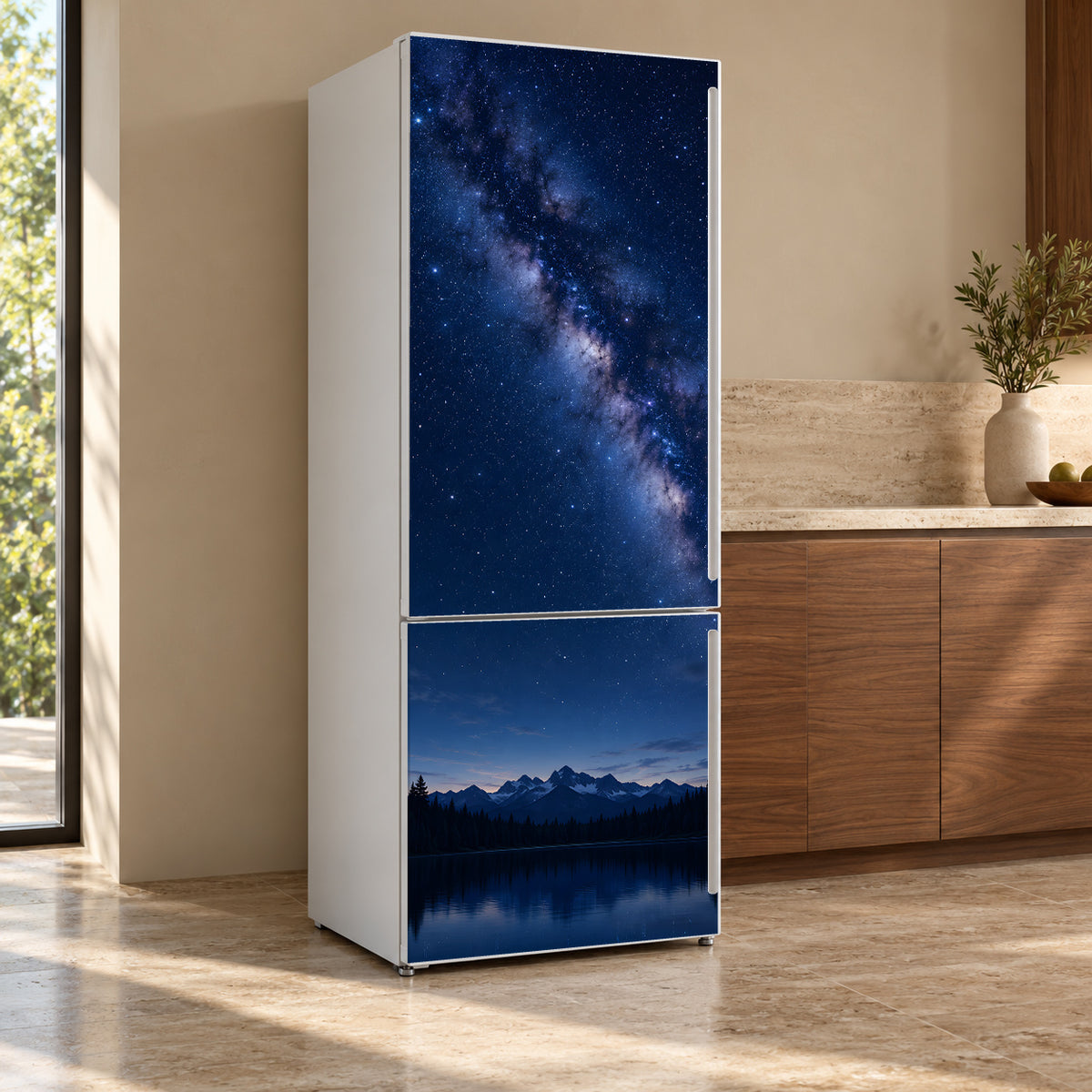 Starry Night Sky fridge wrap, refrigerator shown at an angle