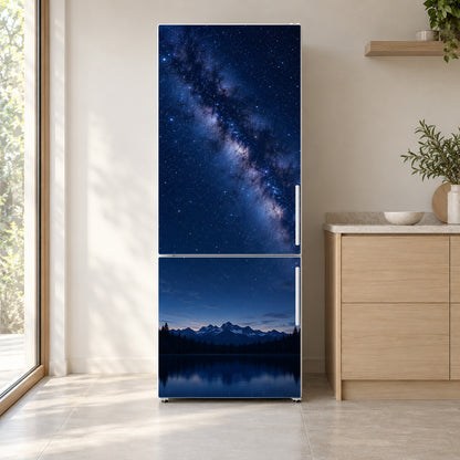 Starry Night Sky fridge wrap on a white refrigerator in a bright kitchen