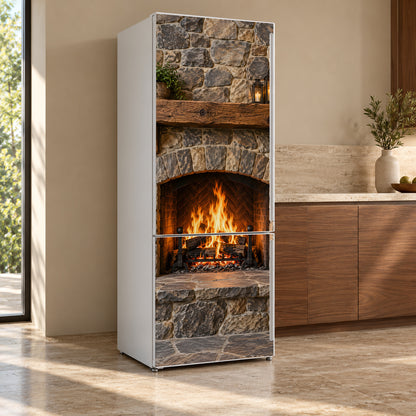 Stone Fireplace fridge wrap, refrigerator shown at an angle