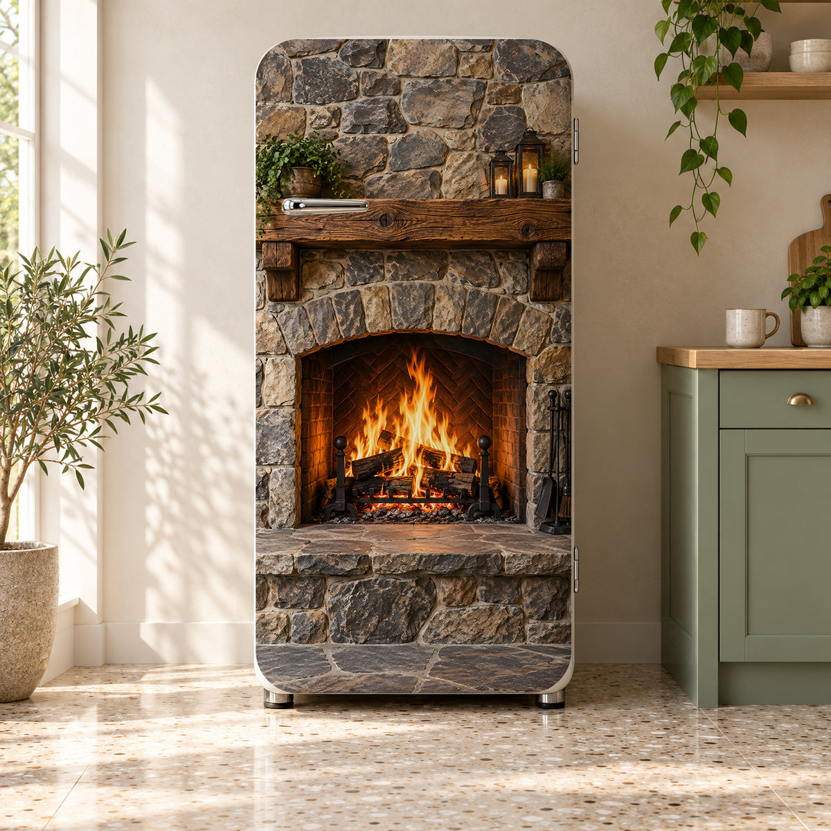 Stone Fireplace fridge wrap on a retro refrigerator