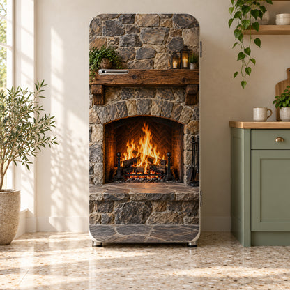 Stone Fireplace fridge wrap on a retro refrigerator