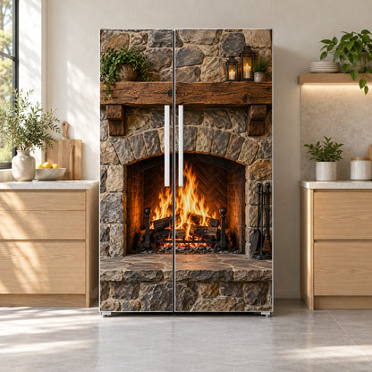 Stone Fireplace fridge wrap on a side-by-side refrigerator