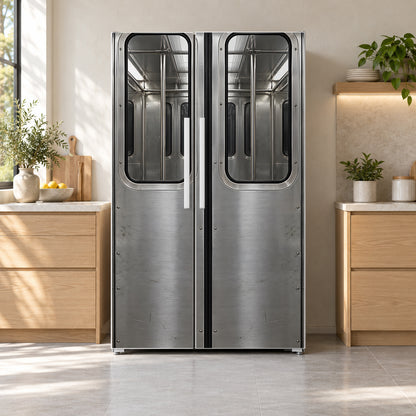 Subway Car Doors fridge wrap on a side-by-side refrigerator