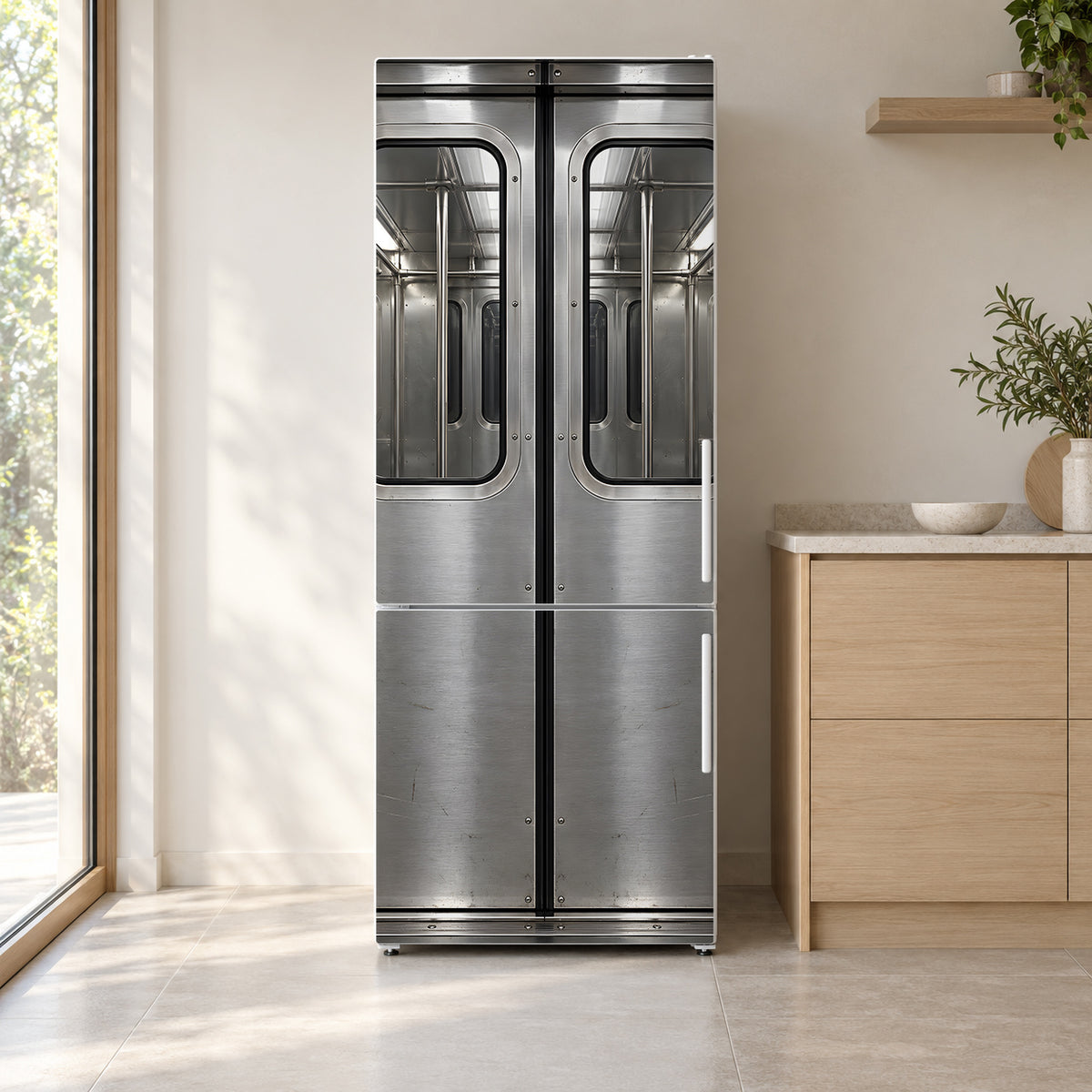 Subway Car Doors fridge wrap on a white refrigerator in a bright kitchen