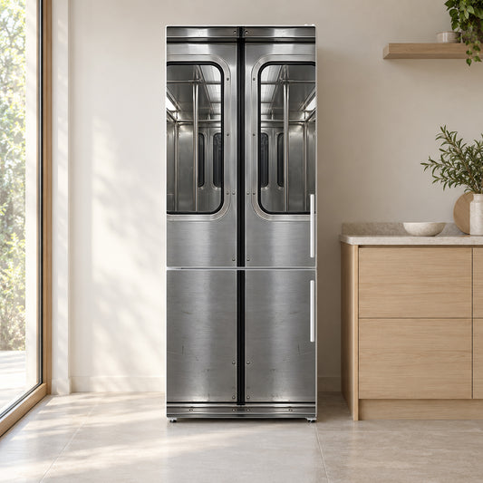 Subway Car Doors fridge wrap on a white refrigerator in a bright kitchen