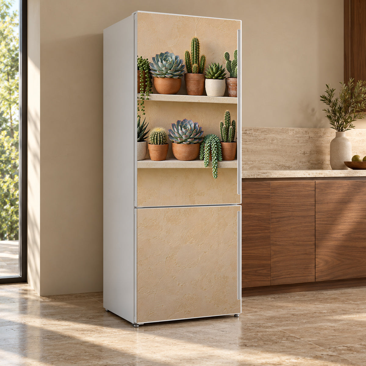 Succulent Shelves fridge wrap, refrigerator shown at an angle