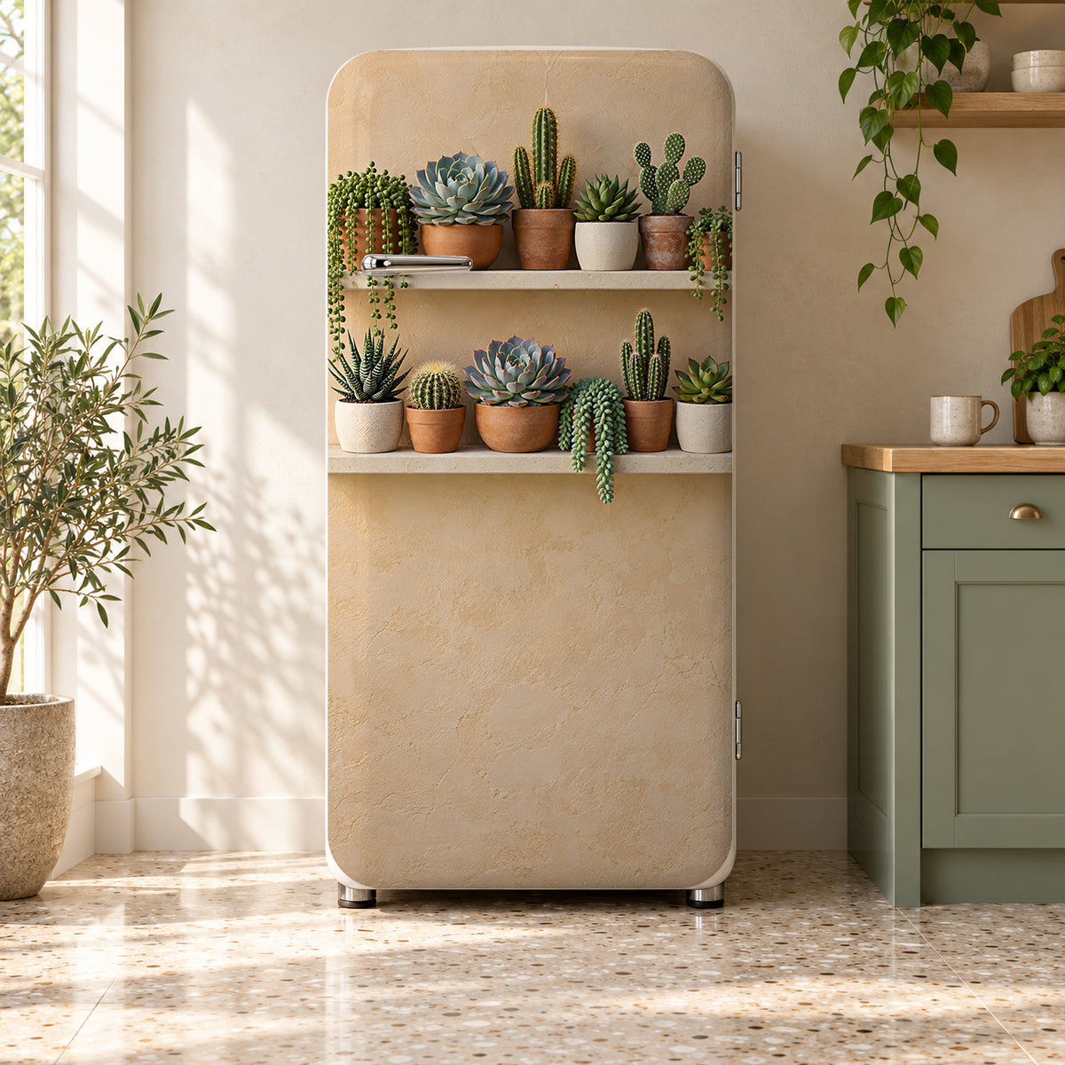 Succulent Shelves fridge wrap on a retro refrigerator