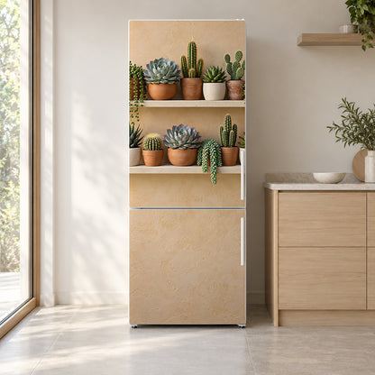 Succulent Shelves fridge wrap on a white refrigerator in a bright kitchen