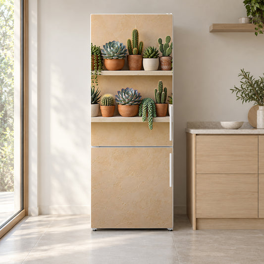 Succulent Shelves fridge wrap on a white refrigerator in a bright kitchen