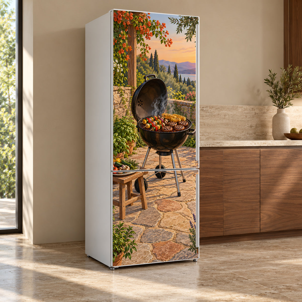 Summer BBQ Grill fridge wrap, refrigerator shown at an angle