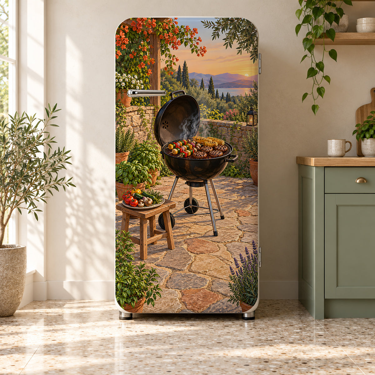 Summer BBQ Grill fridge wrap on a retro refrigerator