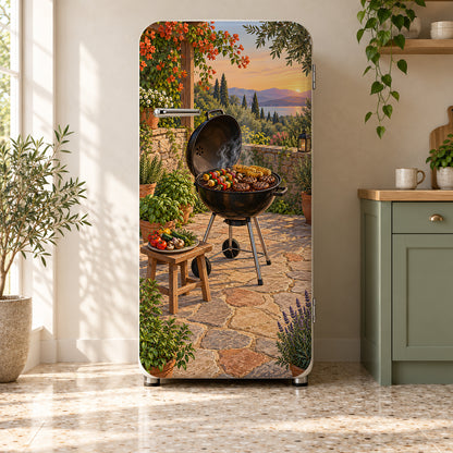Summer BBQ Grill fridge wrap on a retro refrigerator