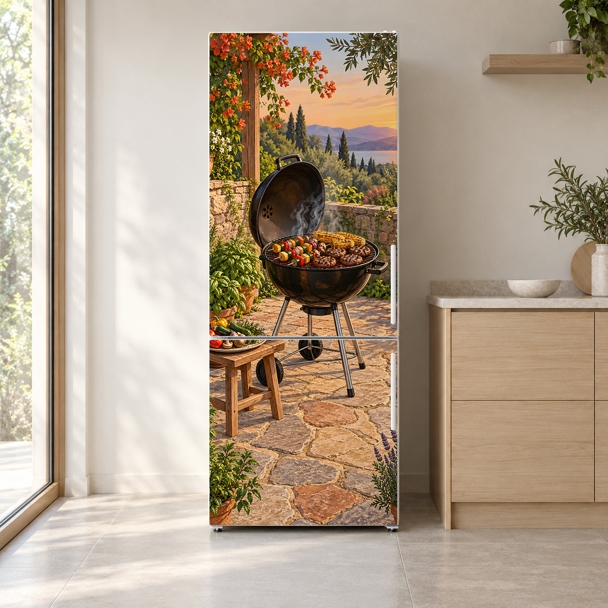 Summer BBQ Grill fridge wrap on a white refrigerator in a bright kitchen