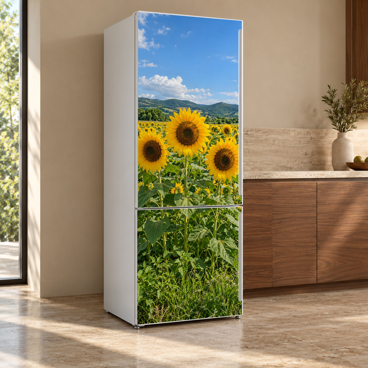Sunflower Field fridge wrap, refrigerator shown at an angle