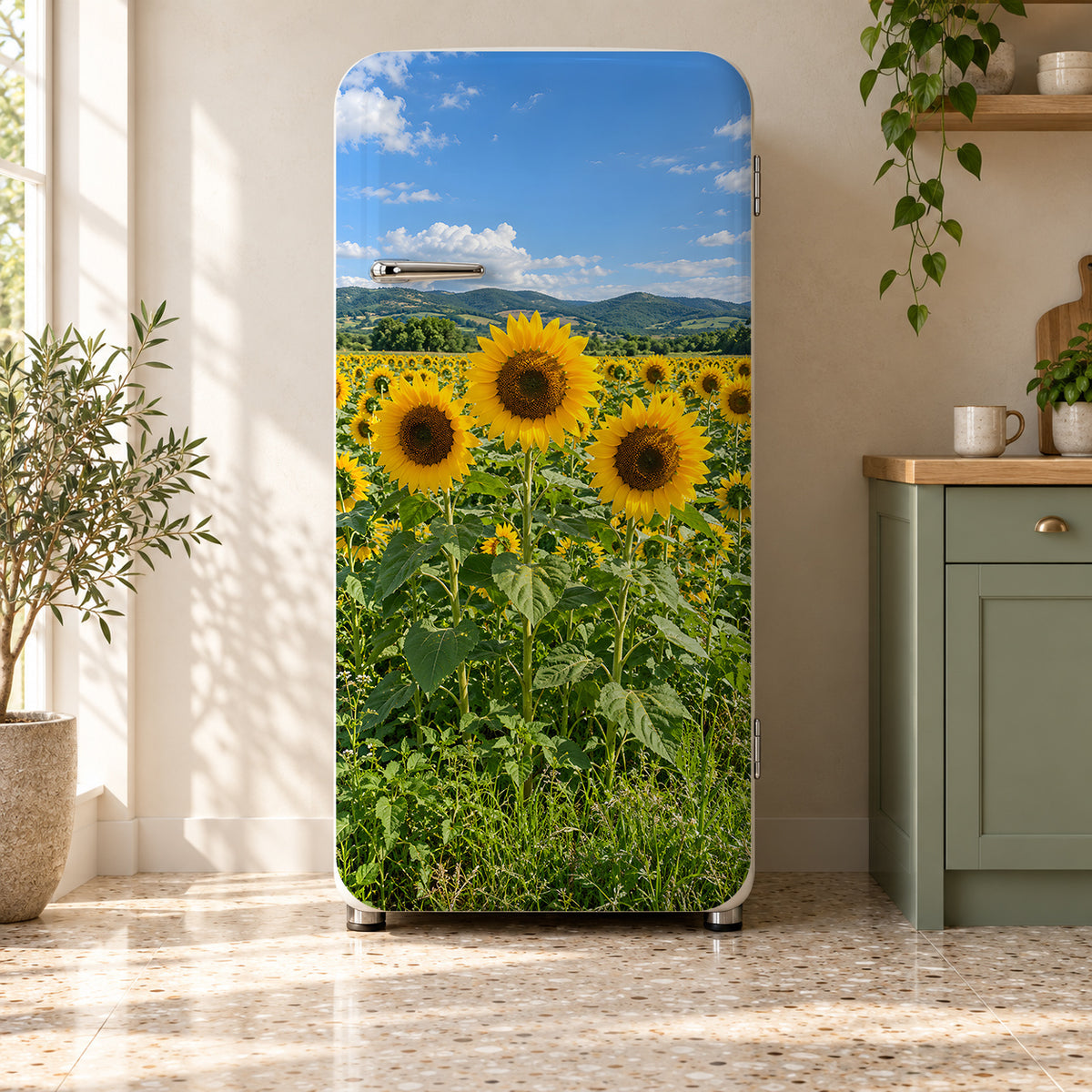 Sunflower Field fridge wrap on a retro refrigerator