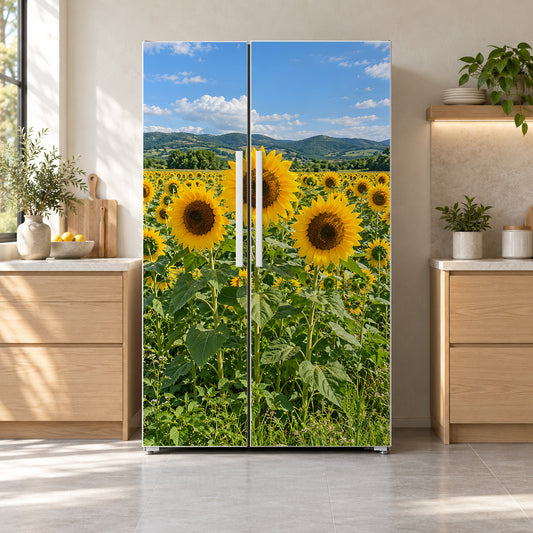 Sunflower Field fridge wrap on a side-by-side refrigerator