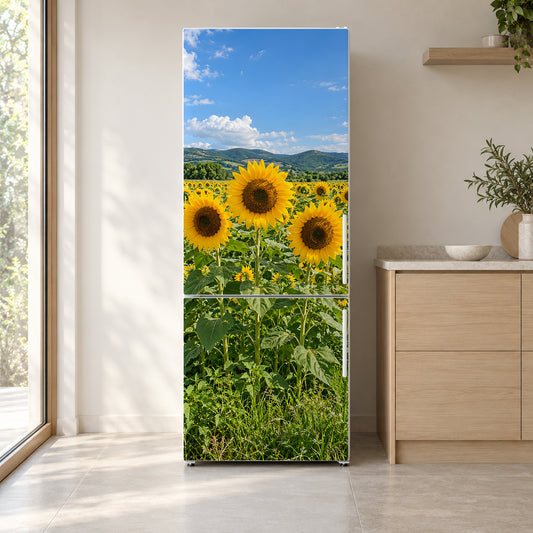 Sunflower Field fridge wrap on a white refrigerator in a bright kitchen