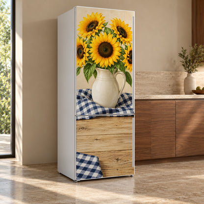 Sunflowers & Gingham fridge wrap, refrigerator shown at an angle