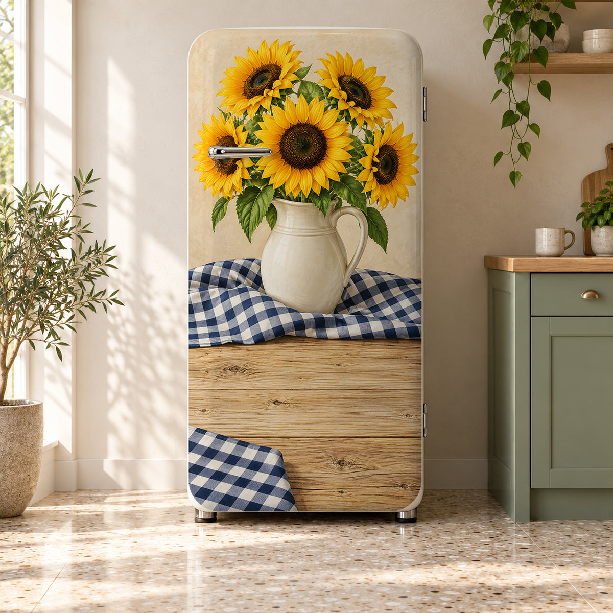 Sunflowers & Gingham fridge wrap on a retro refrigerator
