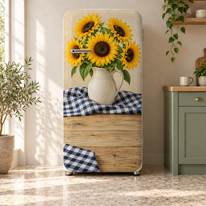 Sunflowers & Gingham fridge wrap on a retro refrigerator